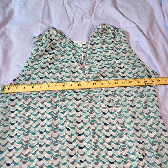CAbi Women's Size Large Blouse Tweet Birds Faux Wrap Sheer Blue Teal Style #342 - Picture 8 of 9